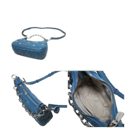 New Michael Kors Cora Extra-Small Quilted Shoulder Bag Mini Zip Pouchette Teal - Picture 3 of 6